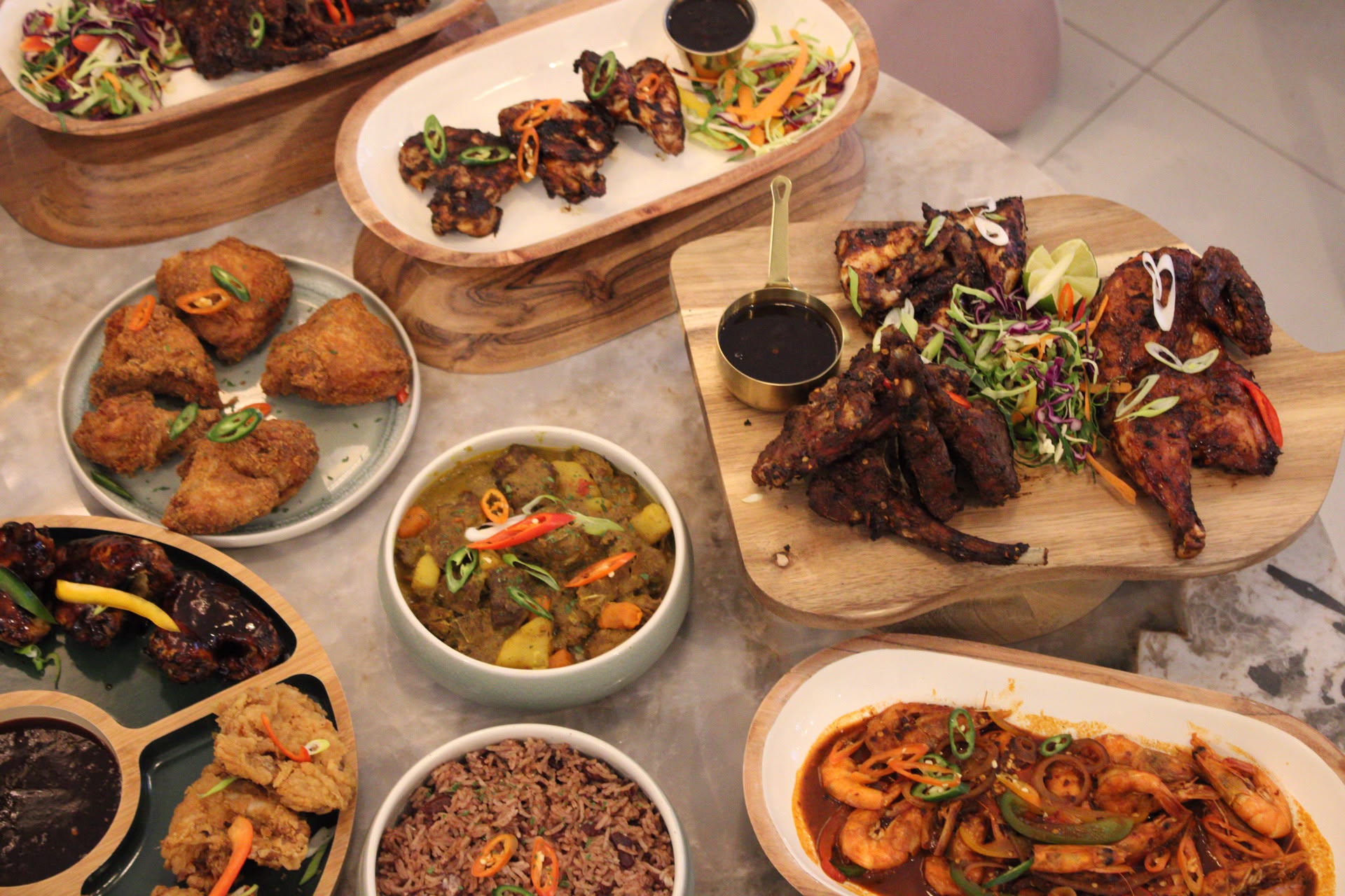 Overhead view of a Caribbean feast